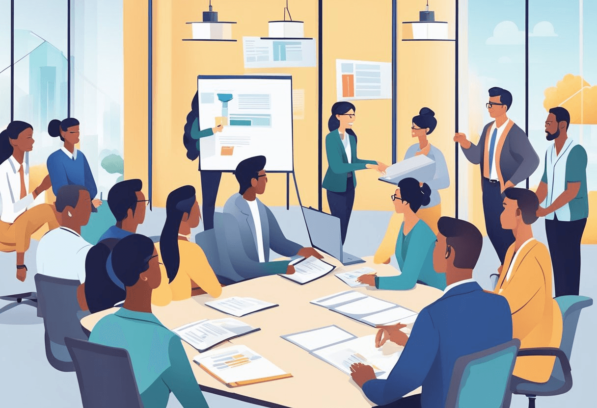 Employees discussing career development with HR, engaging in training sessions, and participating in team-building activities