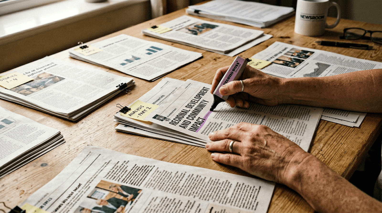 Communications professional organizing and analyzing printed media coverage, highlighting key narratives