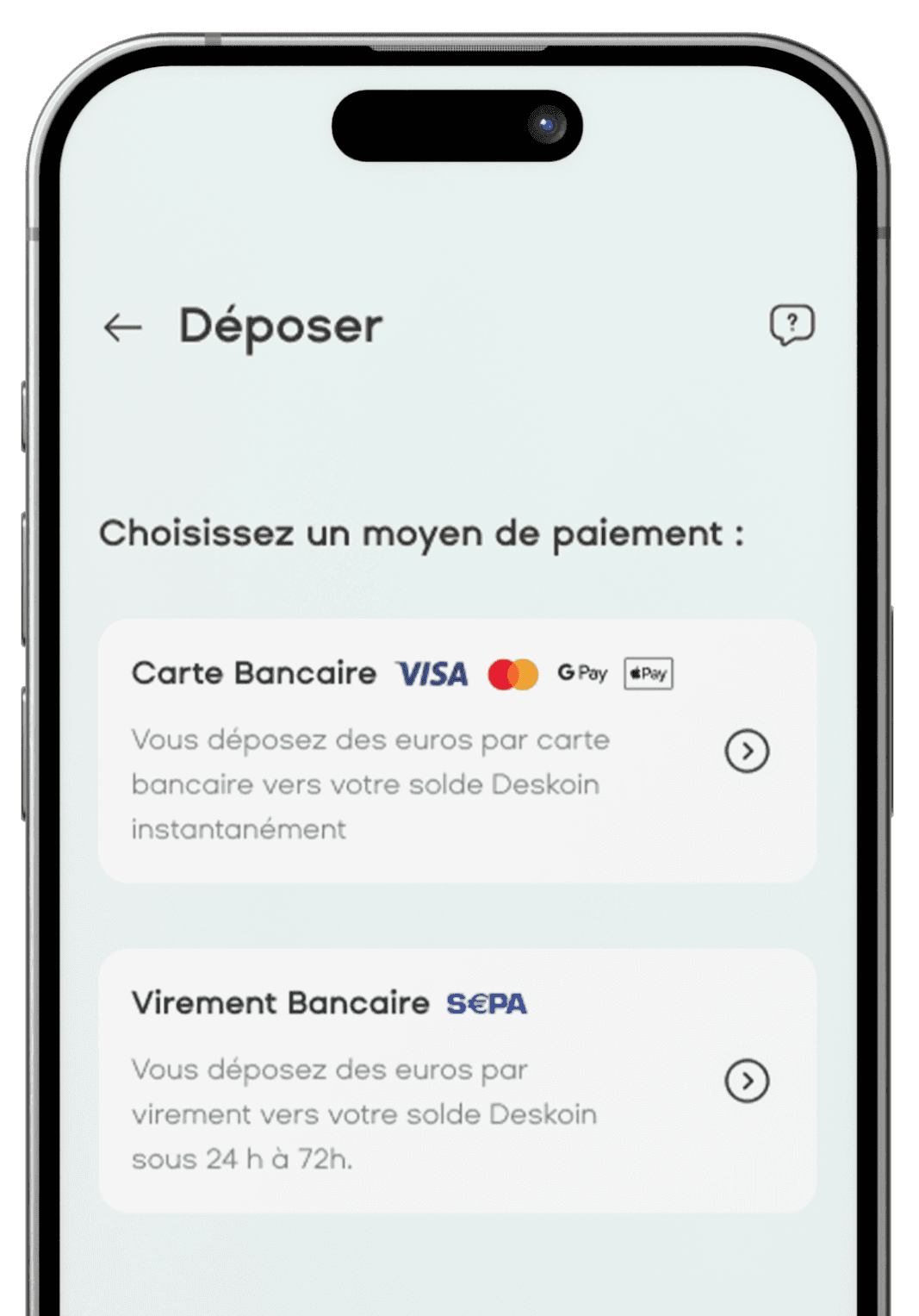 Ecran dépôt euro application Deskoin