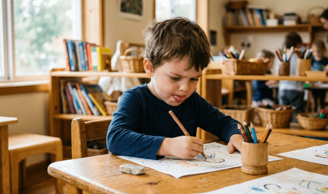 Child around age 5 practicing writing skills in preparation for kindergarten