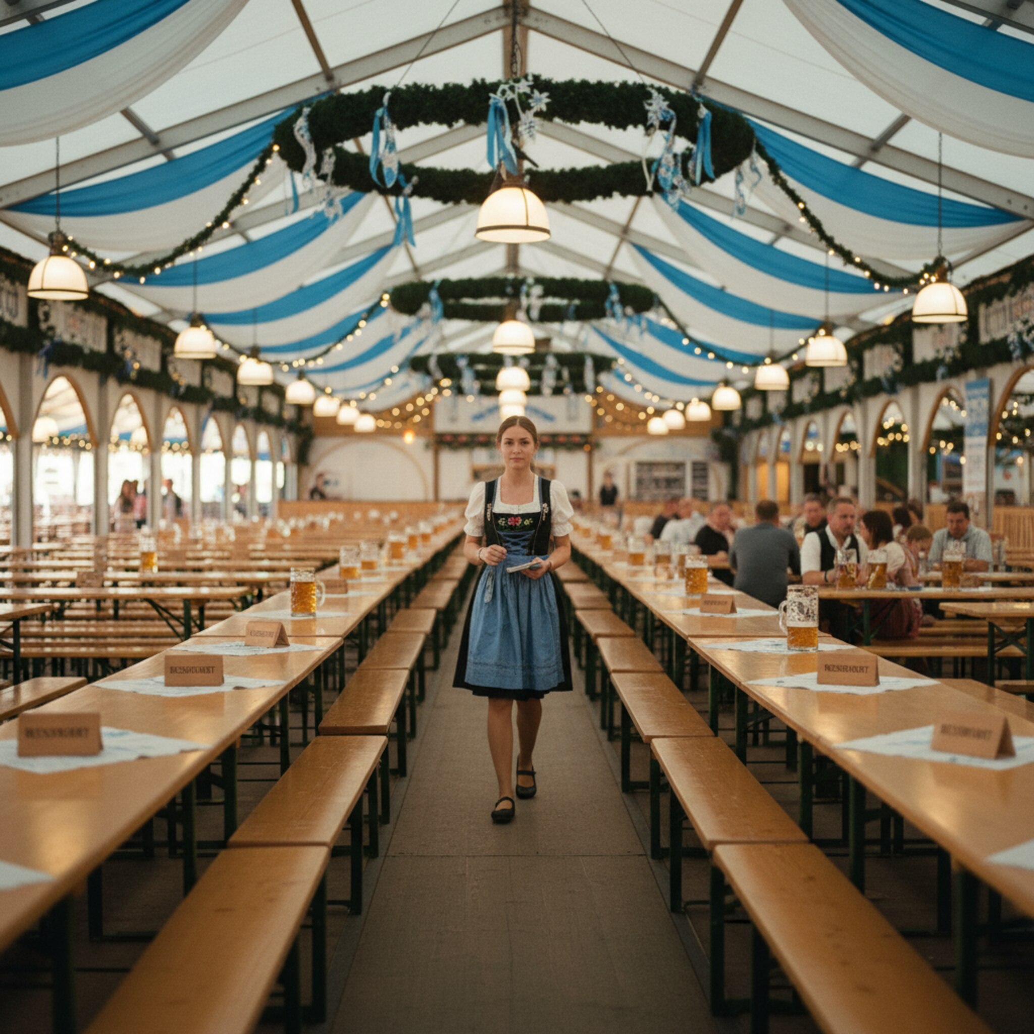 Überblick über ein festlich dekoriertes Zelt mit ordentlich ausgerichteten Tischreihen. Kleine, diskrete Tischschilder markieren Bereiche, die Wegeführung ist klar erkennbar. Eine Bedienung prüft die Reihen, während goldenes Licht die Szenerie ruhig und strukturiert erscheinen lässt.