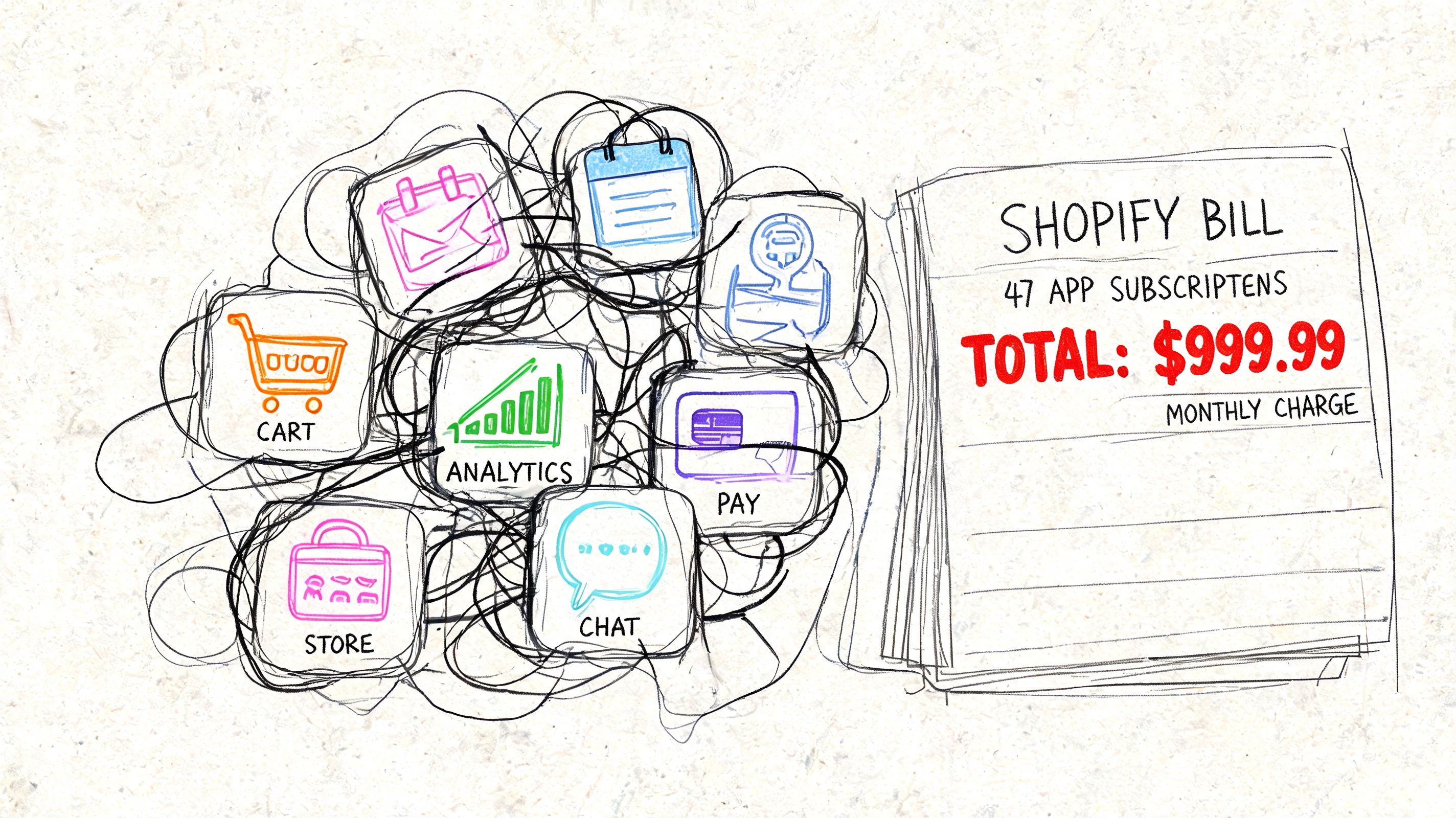 A hand-drawn sketch illustrating a complex tangle of app icons connected to a high Shopify monthly bill.