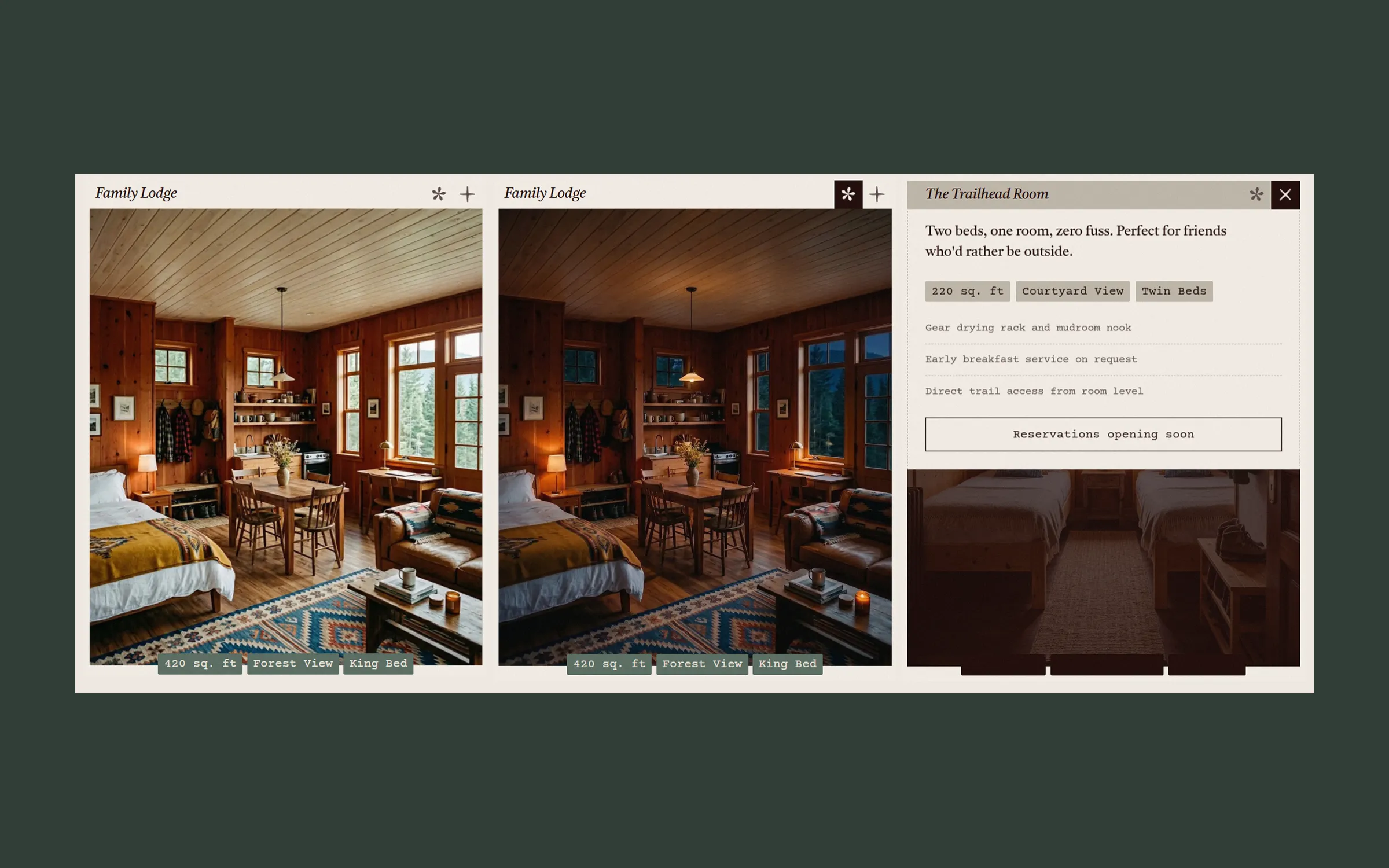 Amber Falls Lodge room cards showing a cabin photograph, hover state and room details panel