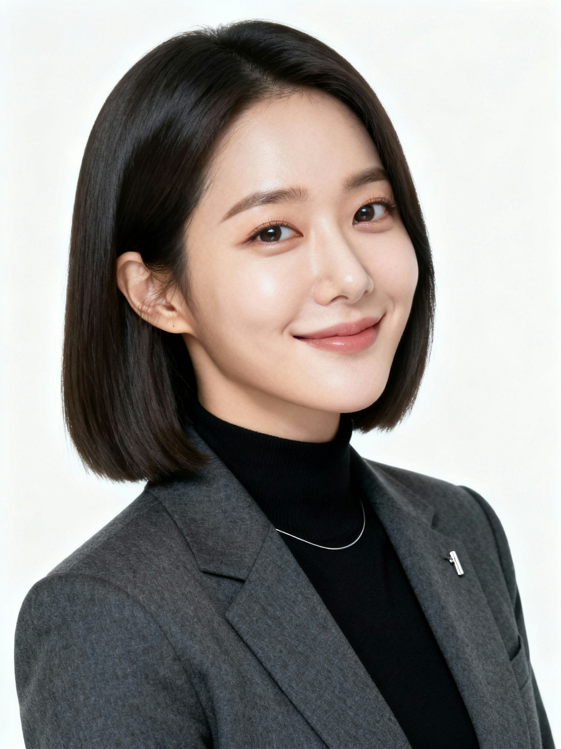 Professional portrait of a woman in a gray blazer and black turtleneck, smiling warmly against a light background.