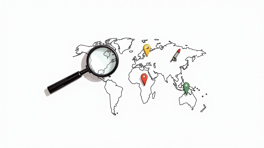 A dog sitting next to a suitcase with a world map in the background.