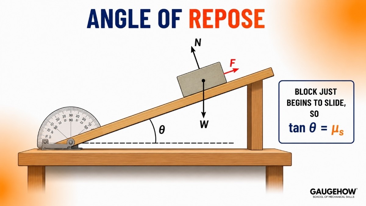 Inclined plane experiment showing a block on the verge of sliding at the angle of repose, used to find the coefficient of static friction