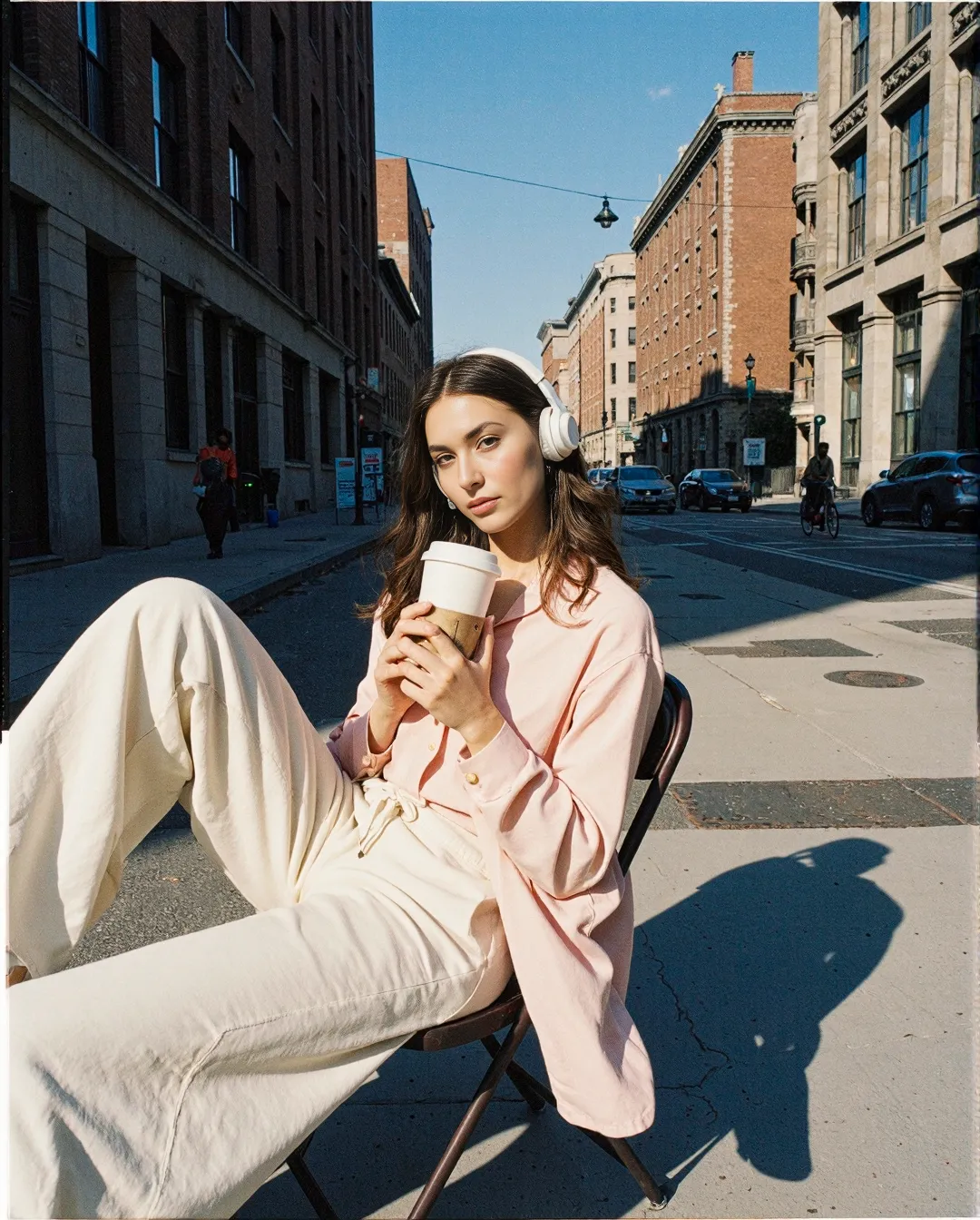 Person in pink shirt and white pants sitting on sidewalk chair with coffee cup against urban backdrop of brick buildings and blue sky
