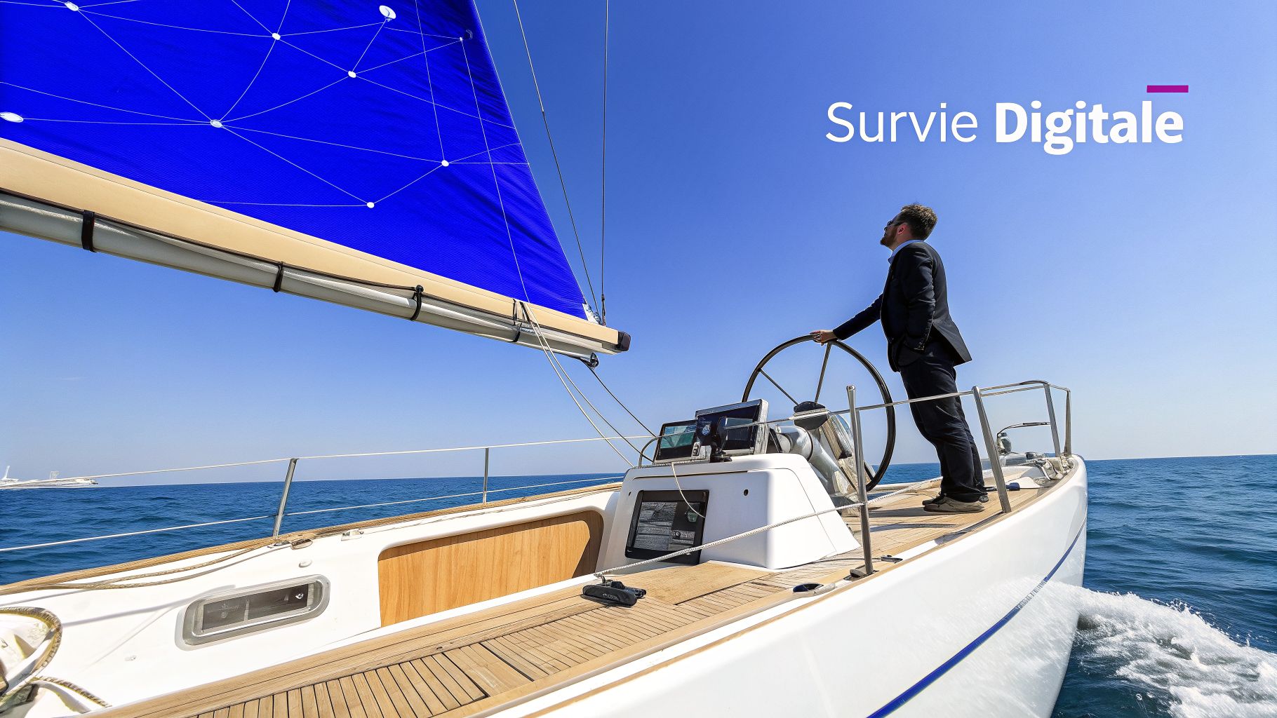 Un homme d'affaires en costume navigue sur un voilier sous un ciel bleu clair, avec le texte 