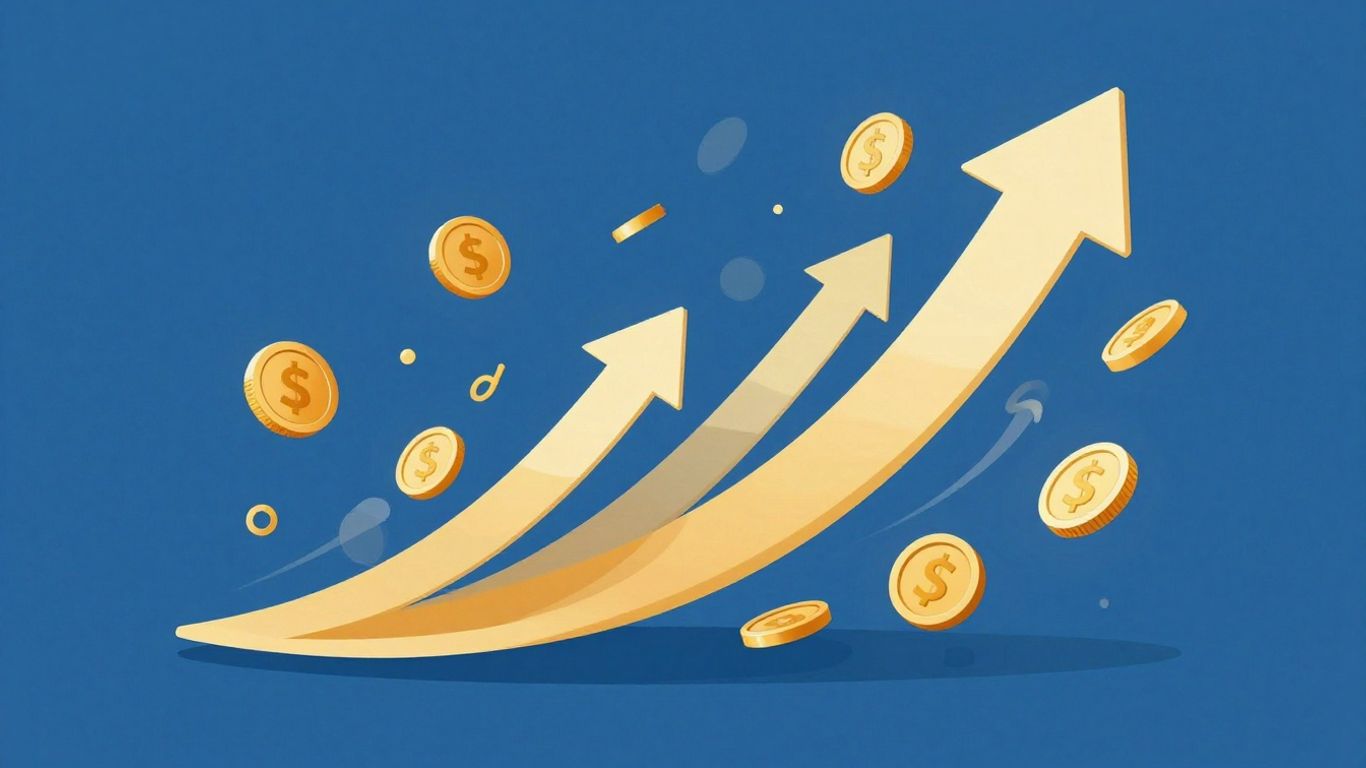 Flattened J-curve with upward financial growth arrows.