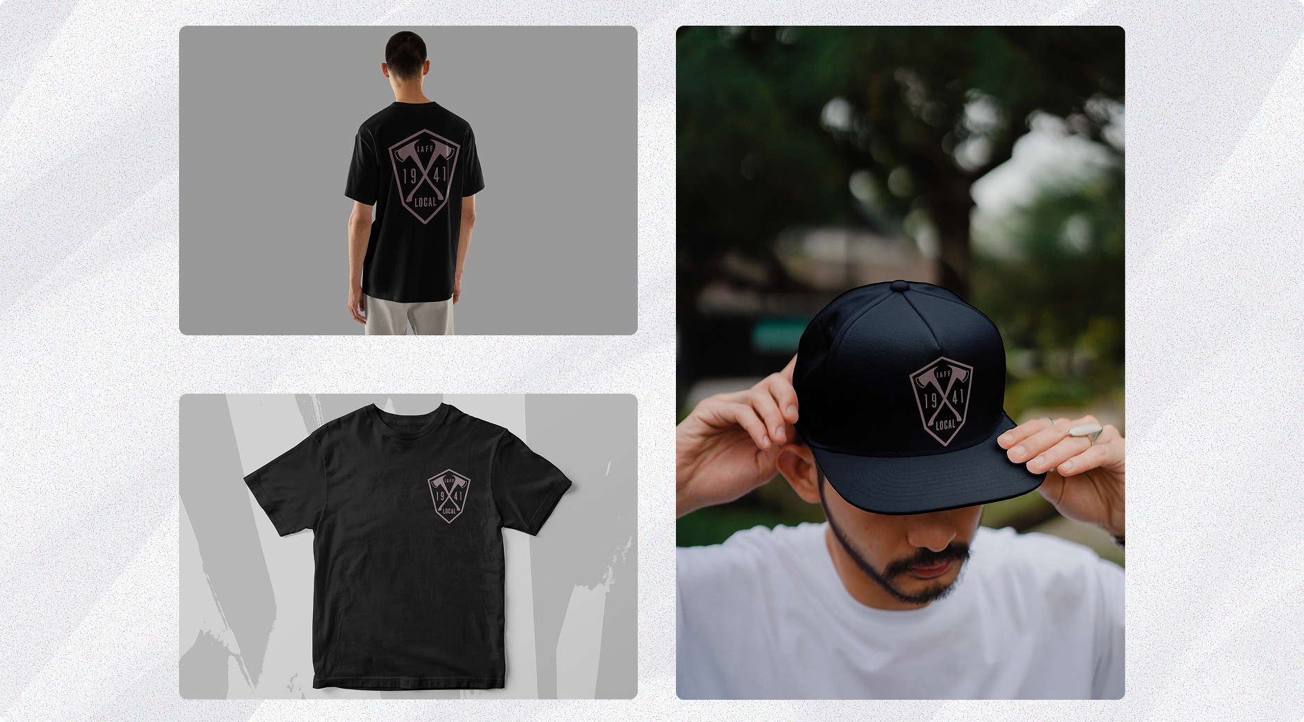 Three images showcasing mockups of the apparel design the IAFF Local 1941. Utilizing the Grey logo from previous image on black apparel.