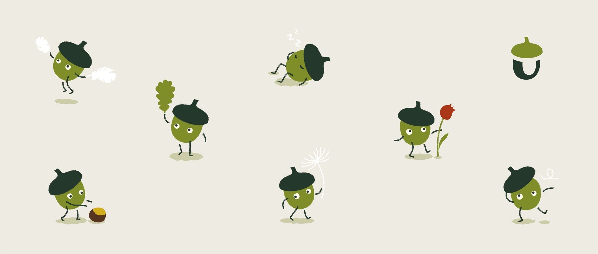 Huslíček mascot illustrations by SLOWRAT — the acorn character shown in various poses and activities