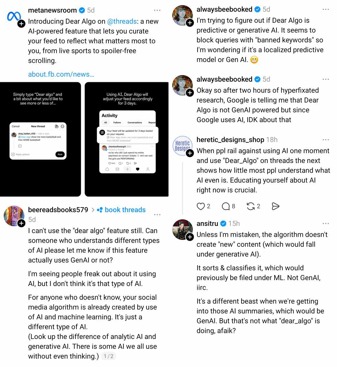 Threads discussions on whether the Dear Algo feature is generative AI or not