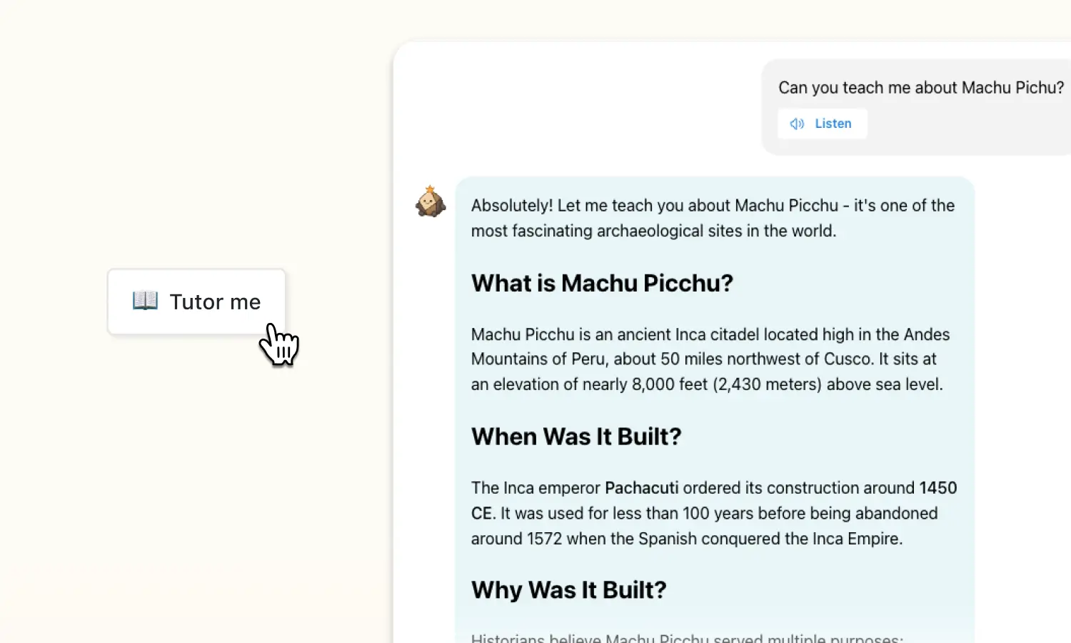 Button that says "Tutor me" with screenshot of chatting with Sparky learning about Machu Pichu
