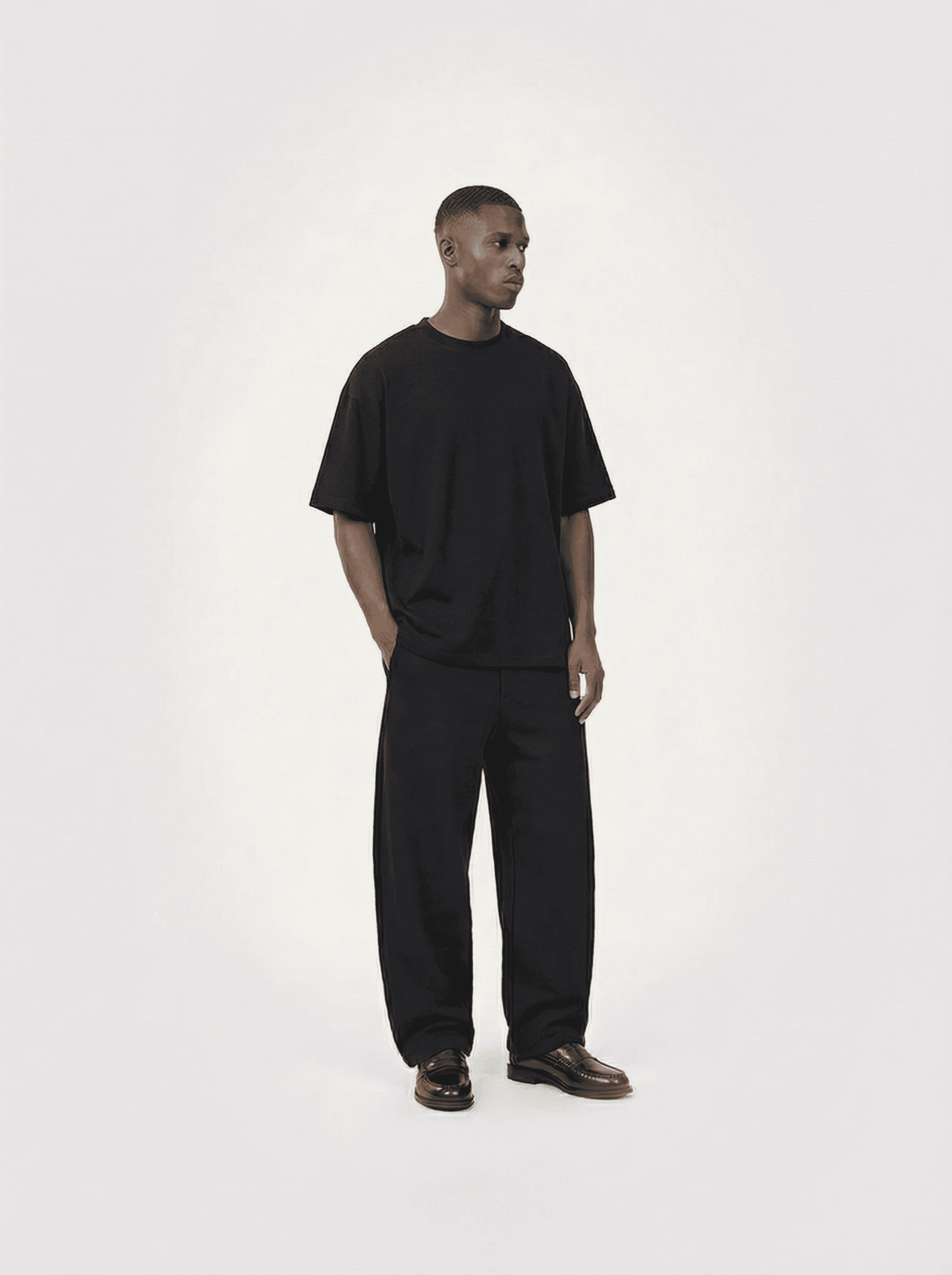 Heavyweight classic crew T-shirt in black — front view on model.