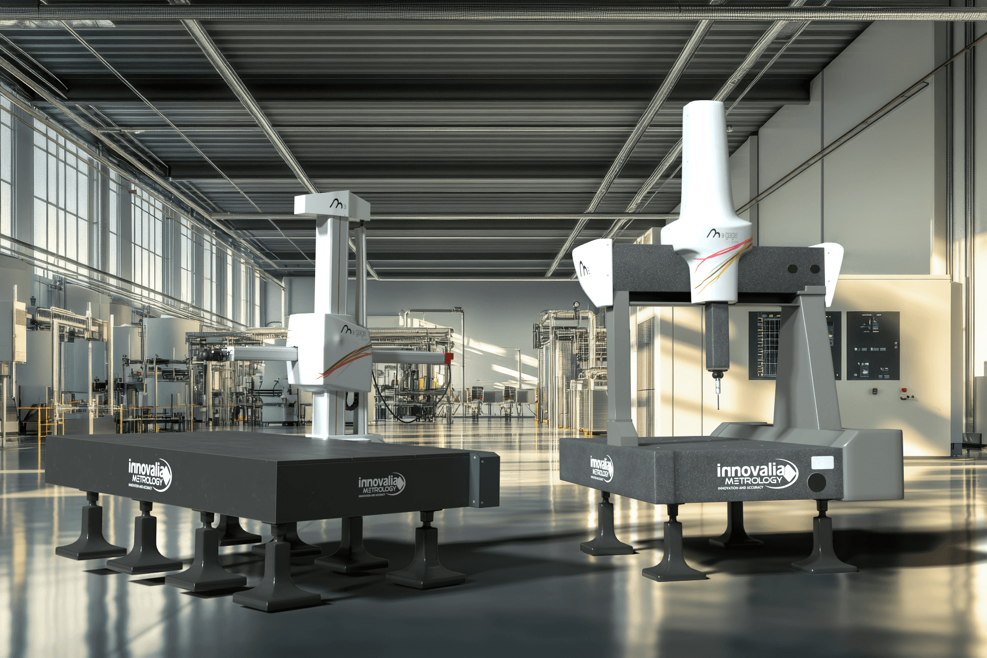 Dwie maszyny CMM stojące obok siebie na tle fabryki