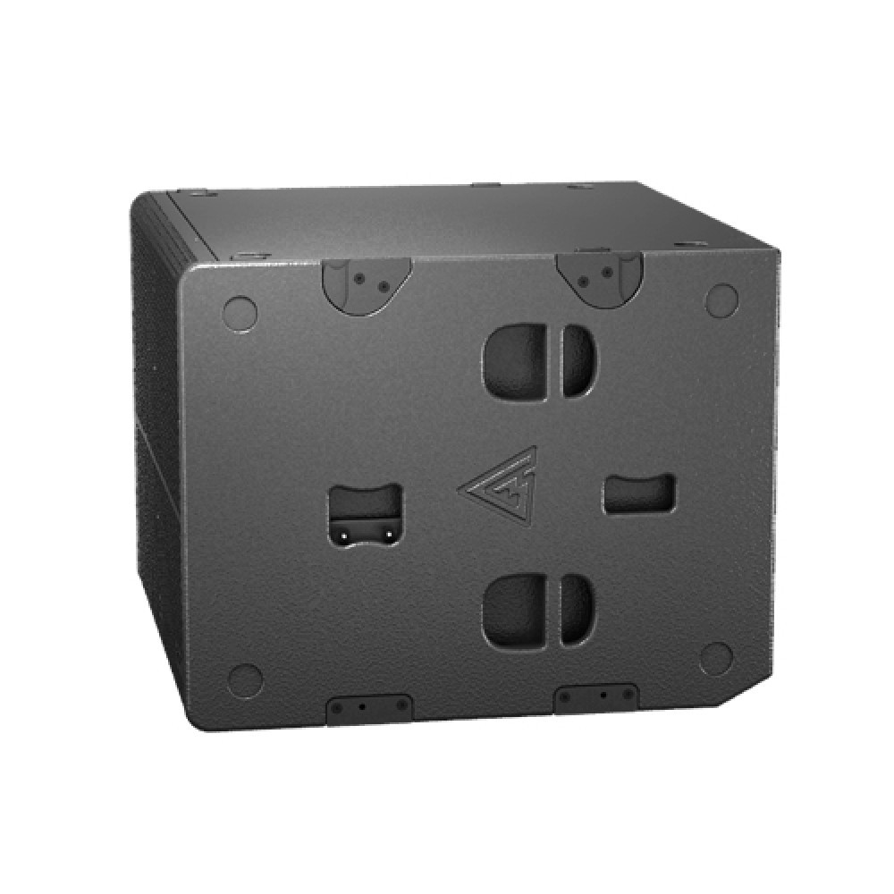 Black speaker cabinet with integrated handles and logo