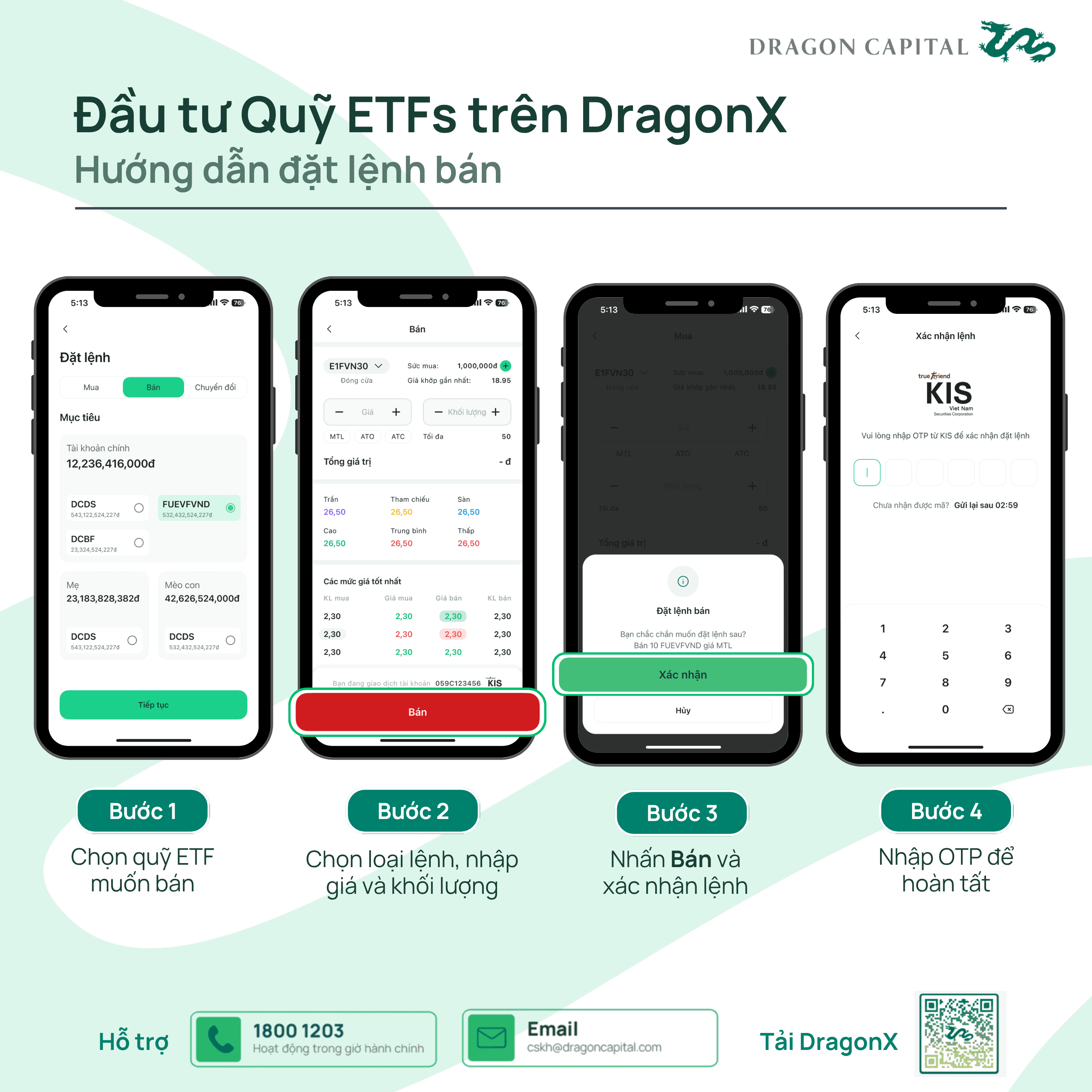 Màn hình đặt lệnh bán chứng chỉ quỹ ETF trên ứng dụng DragonX