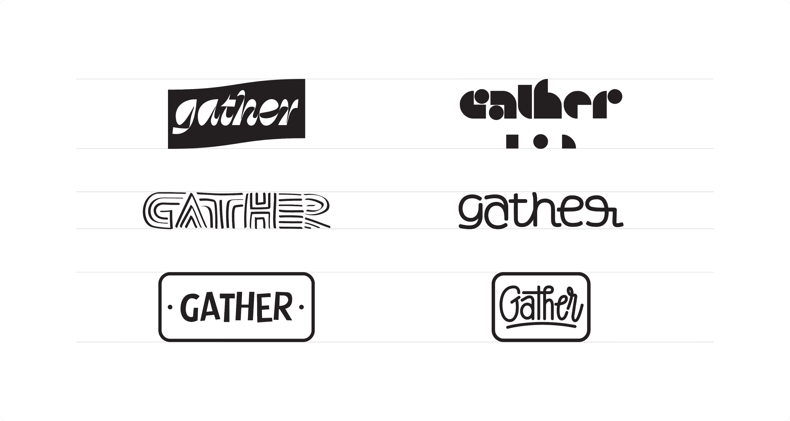 The Rare Ideas design team created various logo variations for Gather, each reflecting the brand’s playful and inviting essence.