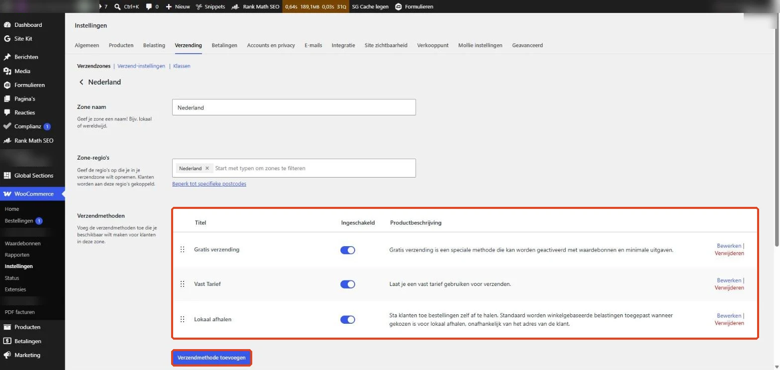 WooCommerce: een verzendzone met Gratis verzending, Vast Tarief en Lokaal afhalen