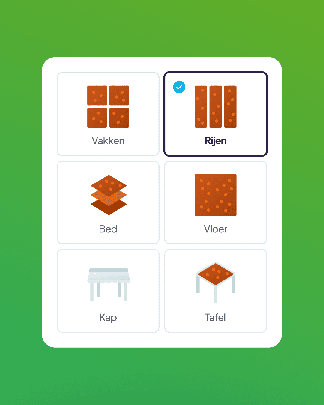 Mobile screen displaying six selectable options for different types of harvest areas, each represented with icons.