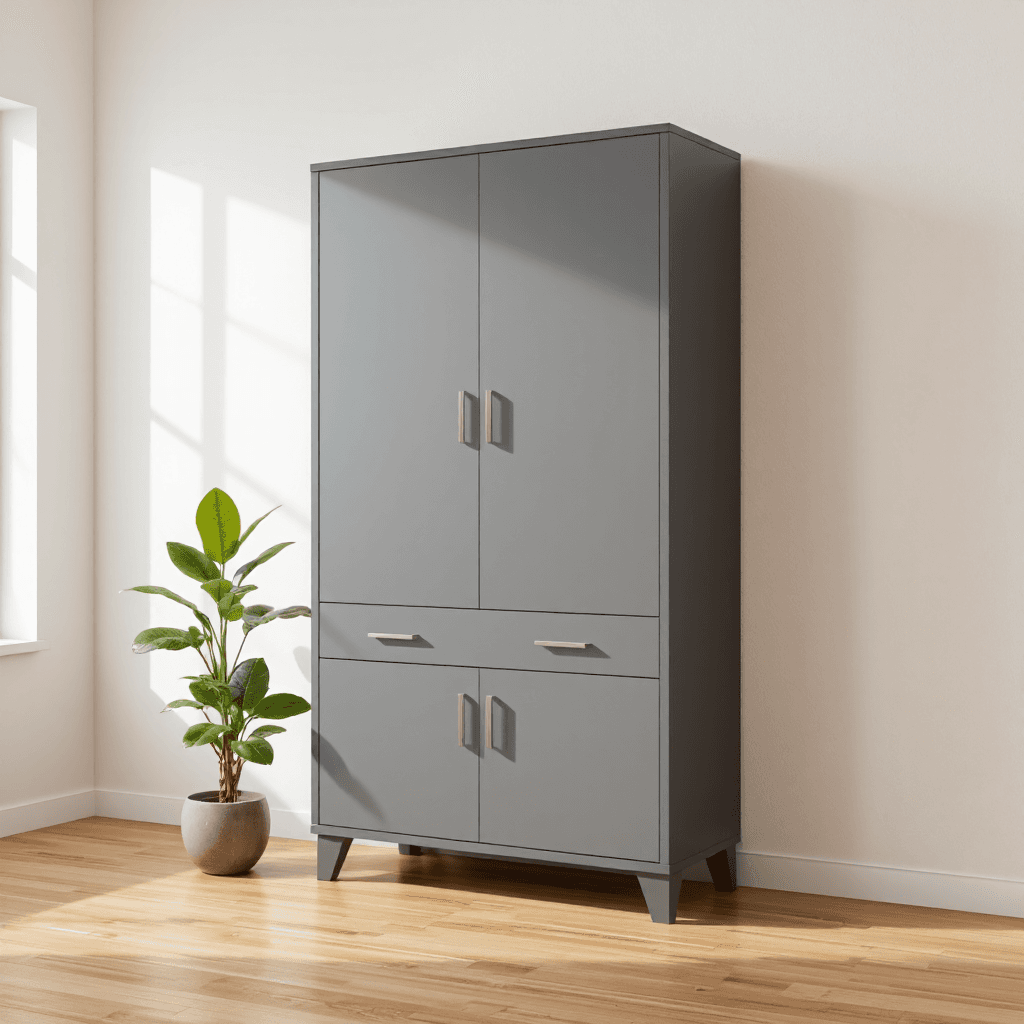 product photography of a modern storage cabinet with drawers and doors, suitable for home or office use