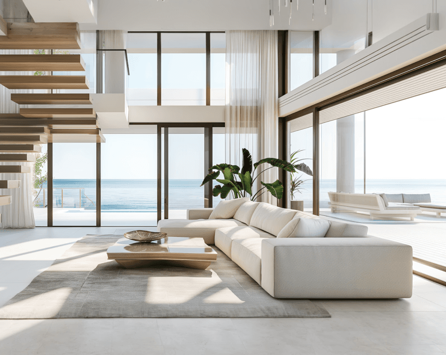 A modern living room featuring a spacious glass wall that enhances natural light and outdoor views.