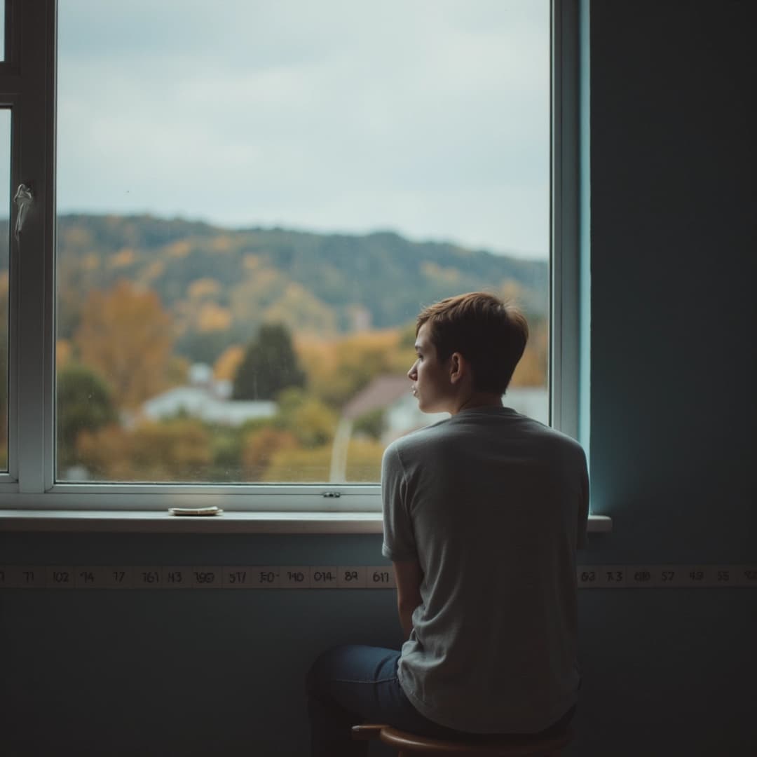 ein junger mann schaut aus einem fenster