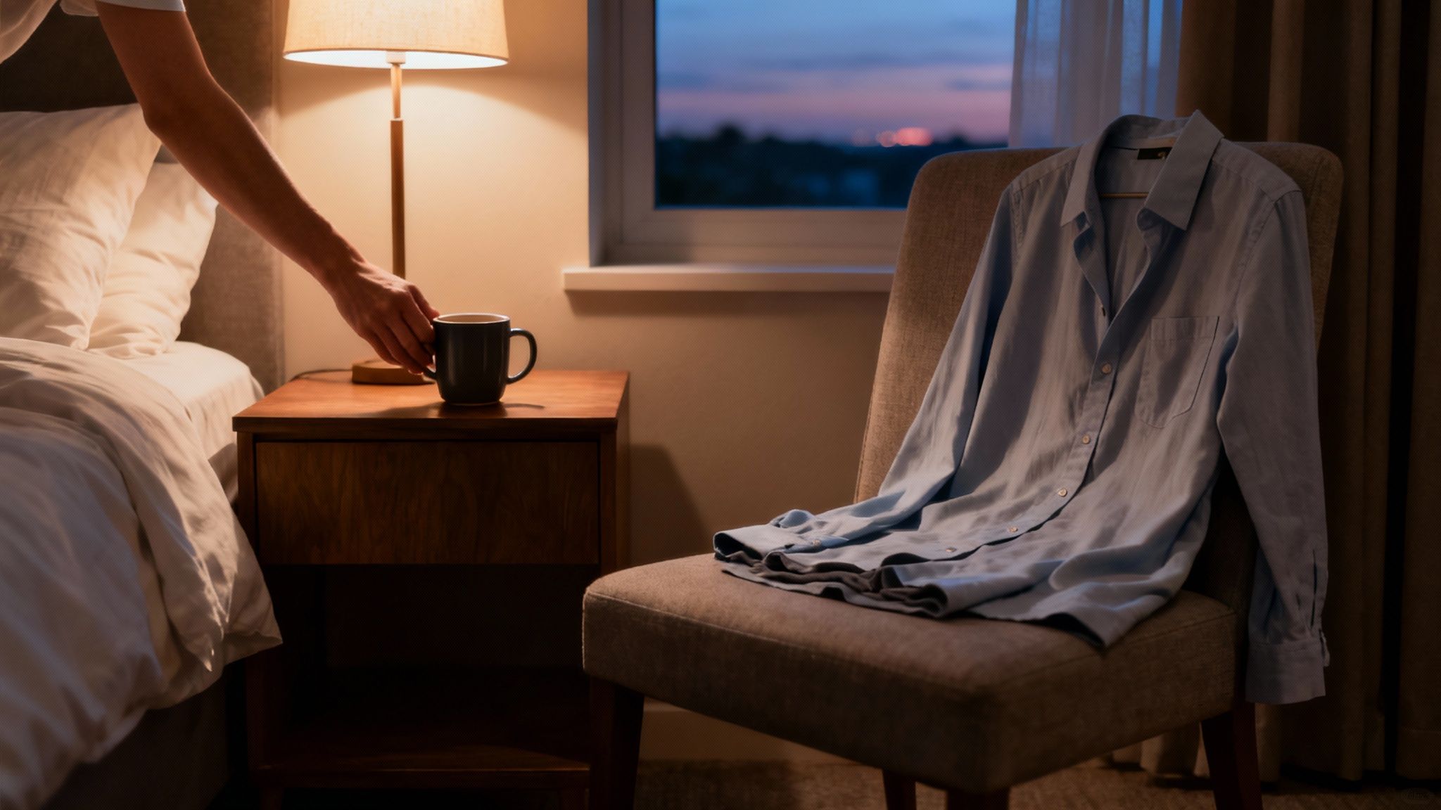 A single coffee mug and a notebook neatly placed on a counter the night before, ready for the next morning.