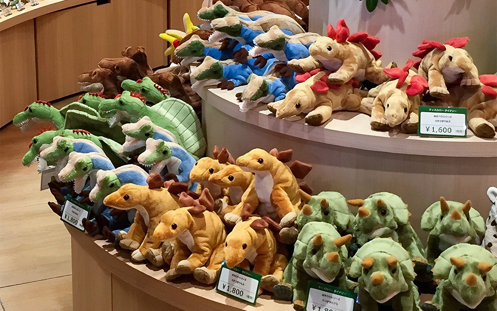 Plush dinosaur toys displayed at Dino Park Yanbaru Subtropical Forest gift shop in Okinawa.
