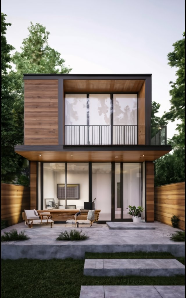 A small accessory dwelling unit. The facad displays a unit that has a base of fifteen feet, an unknown depth, feet and is two floors tall.  There is a nice patio with a marble stage between the grass and a marble stairway in the foreground. Very modern. 