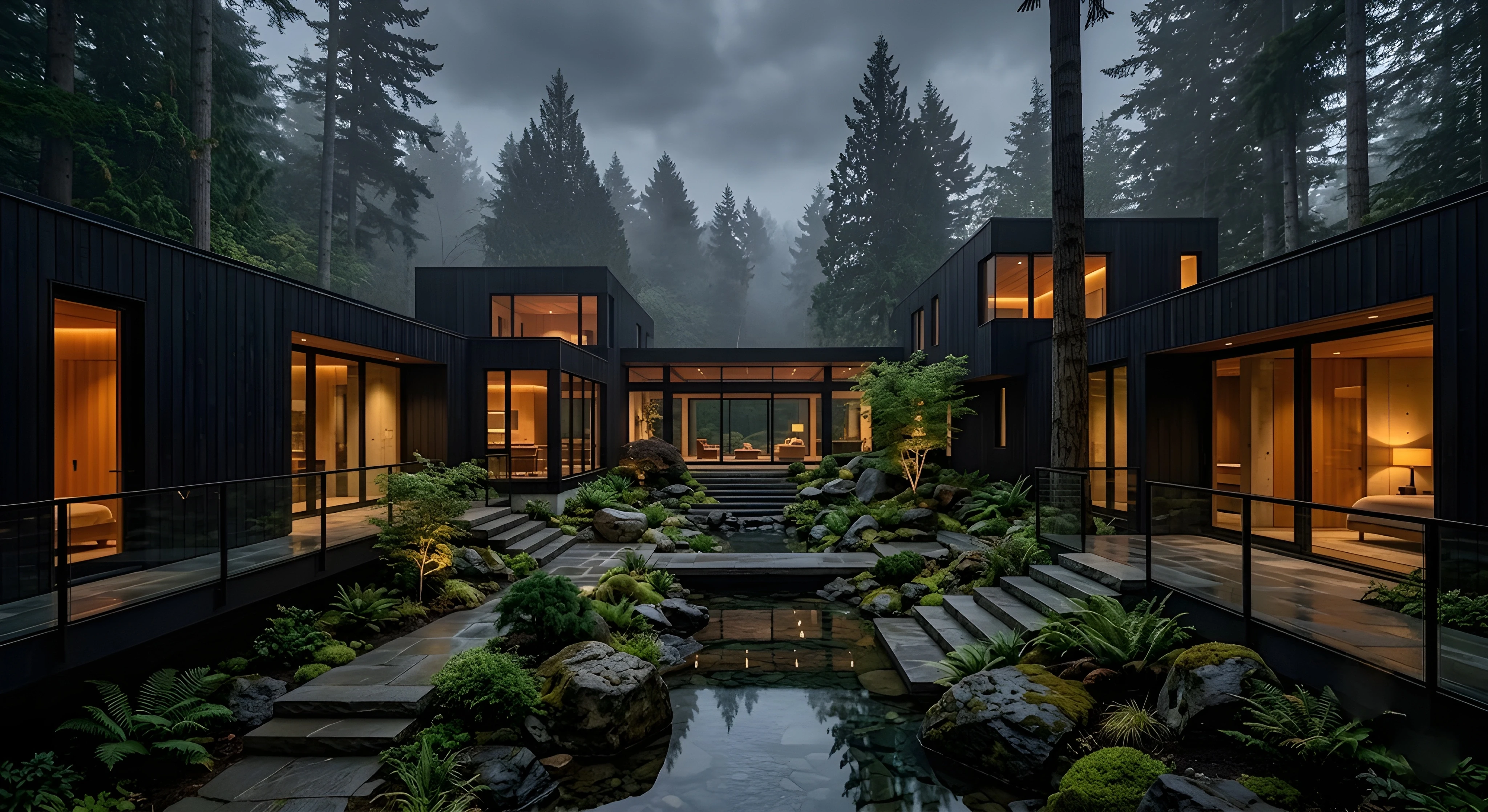 A dramatic wide shot of a modern, multi-winged architectural compound with black-paneled walls surrounding a tiered central courtyard. The courtyard features a serene rectangular pond, rocky landscaping with ferns, and stone steps, all set against a backdrop of a dense forest under a cloudy twilight sky.