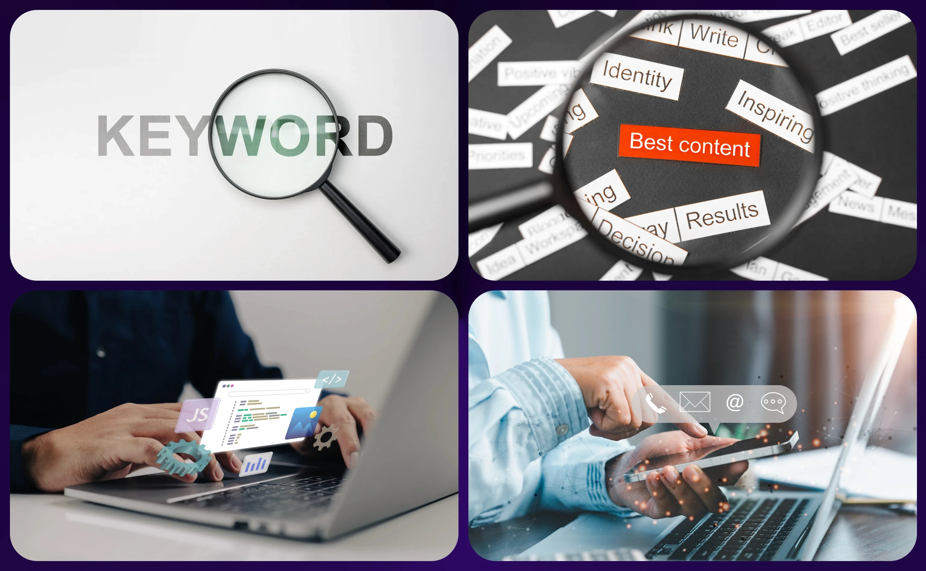 Collage of Keyword Optimization, Content Quality, On-Page Optimization, and Link Building