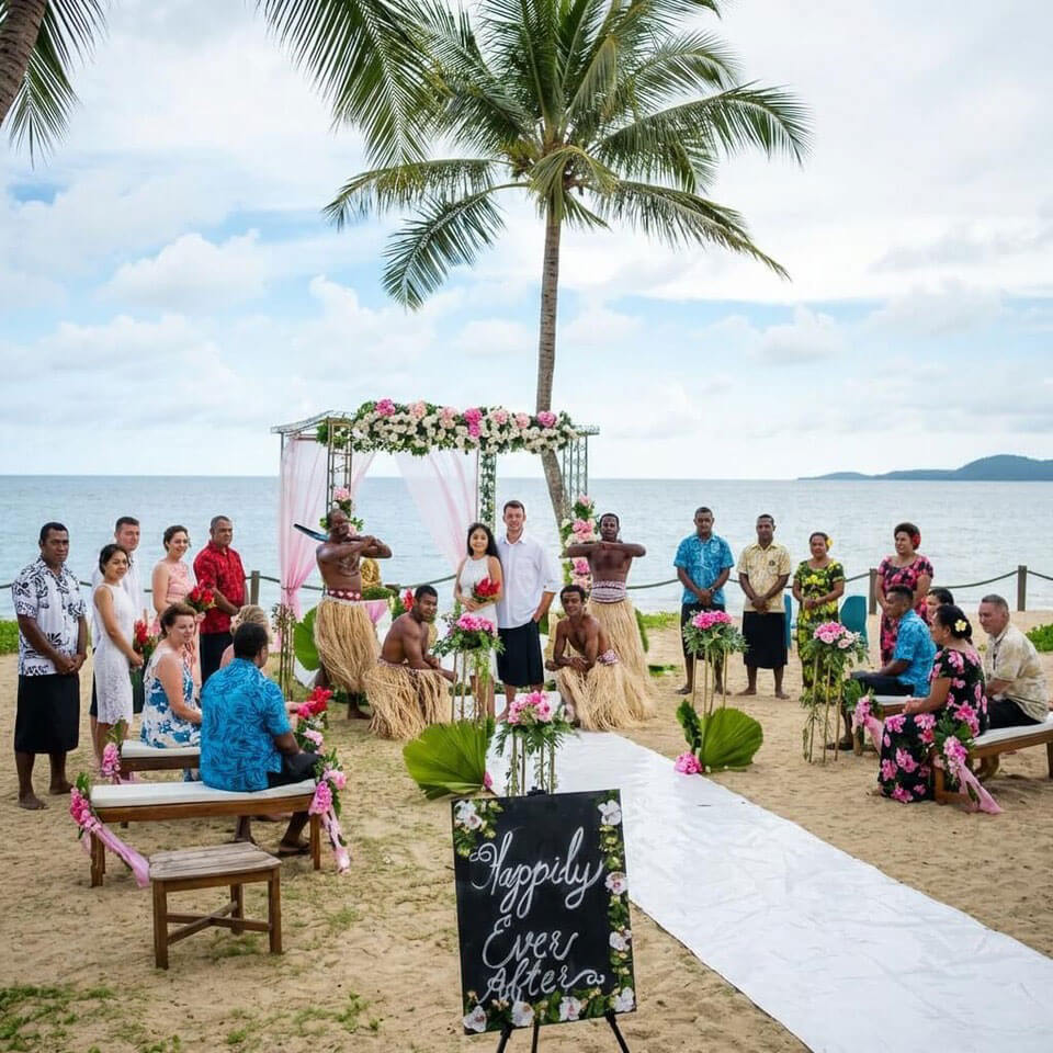 A group in yellow rafts navigates river rapids through a narrow, lush gorge. A Fiji adventure.