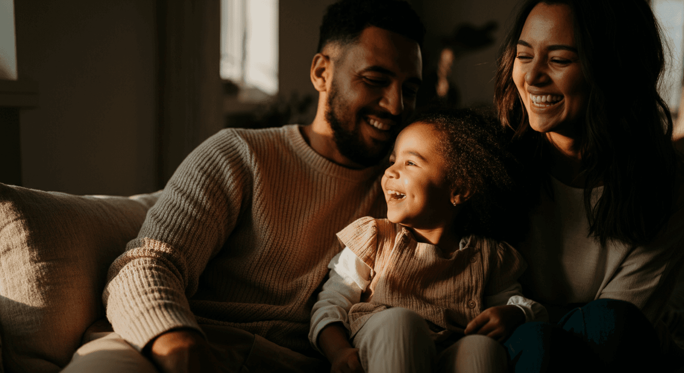 Happy family sitting on a couch, warmly lit by sunlight, smiling and enjoying time together.