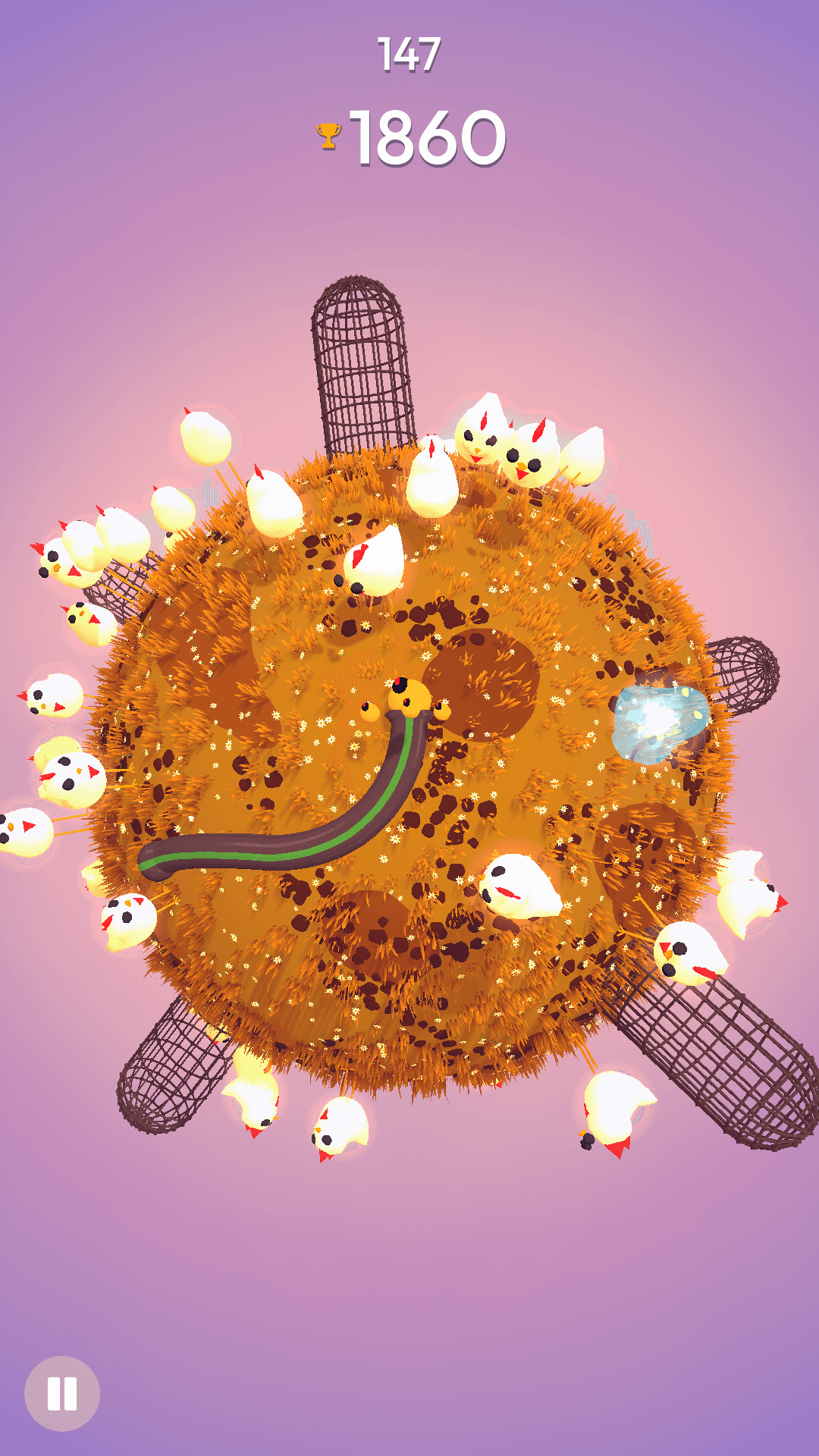 A snake on a planet with countless chicken and some chicken cages, the spherical planet’s floor looks messy like the floor of a chicken coop.