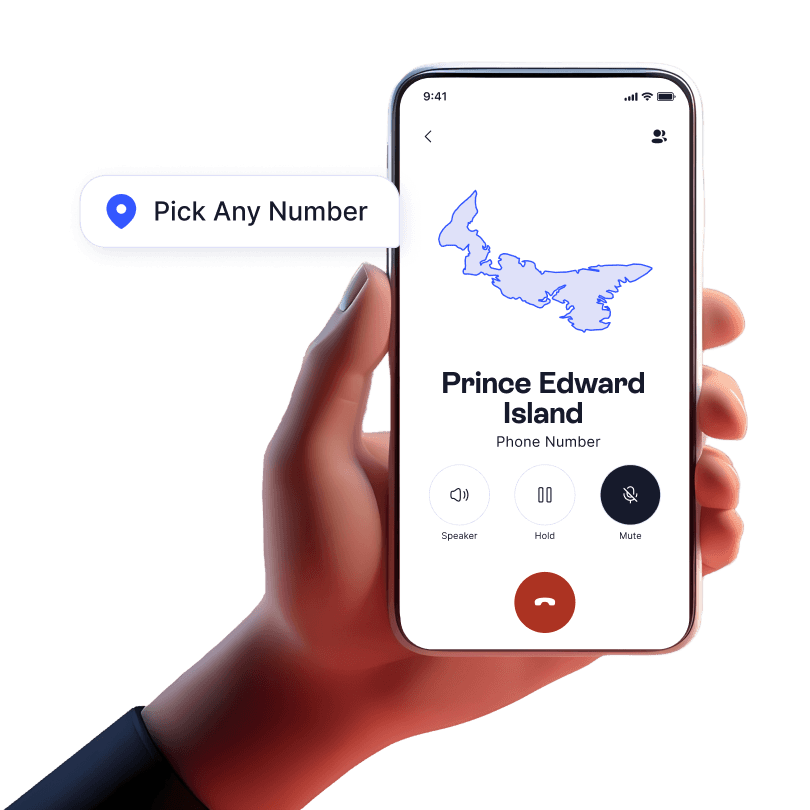 Hand holding mobile device with incoming business call from Prince Edward Island displayed using LinkedPhone 2nd phone number app