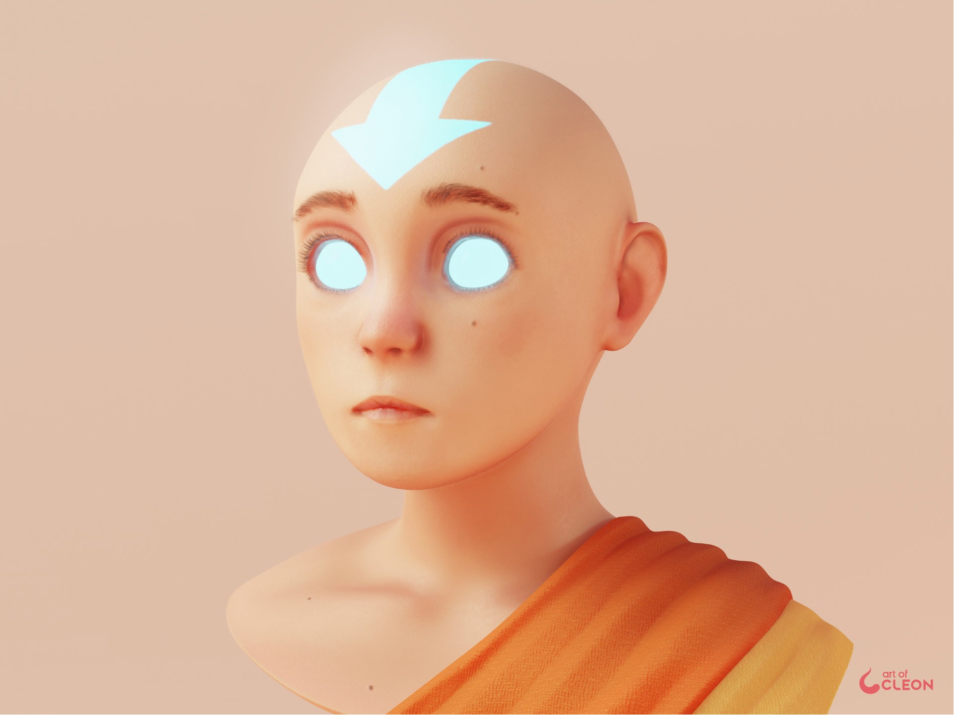 Close-up of Aang in the Avatar State, with glowing blue-white eyes and an illuminated arrow.