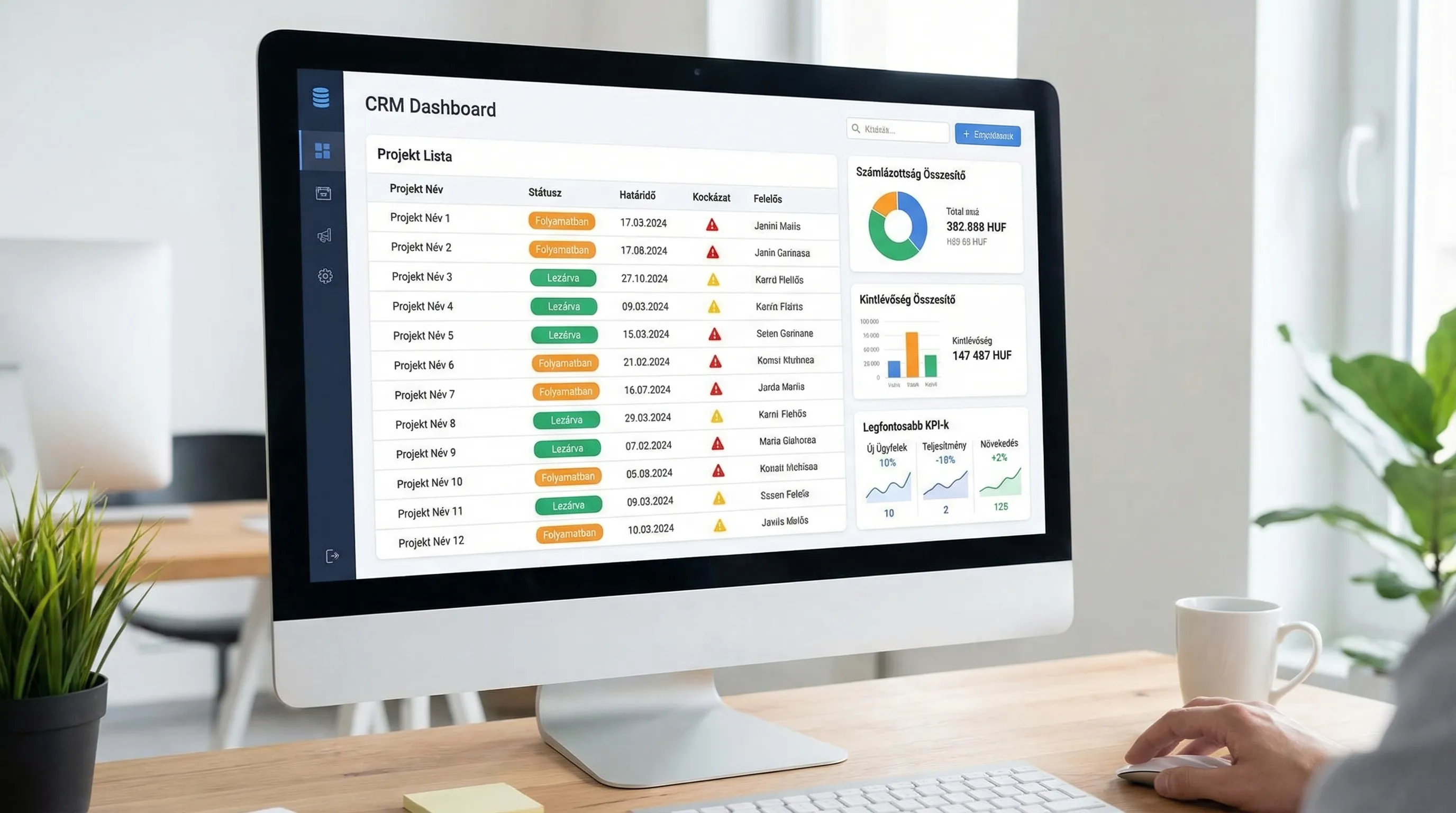 Egy CRM irányítópult koncepciója: projekt lista státusszal, határidő kockázat jelzés, számlázottság és kintlévőség összesítők, valamint a legfontosabb KPI-k egy nézetben.