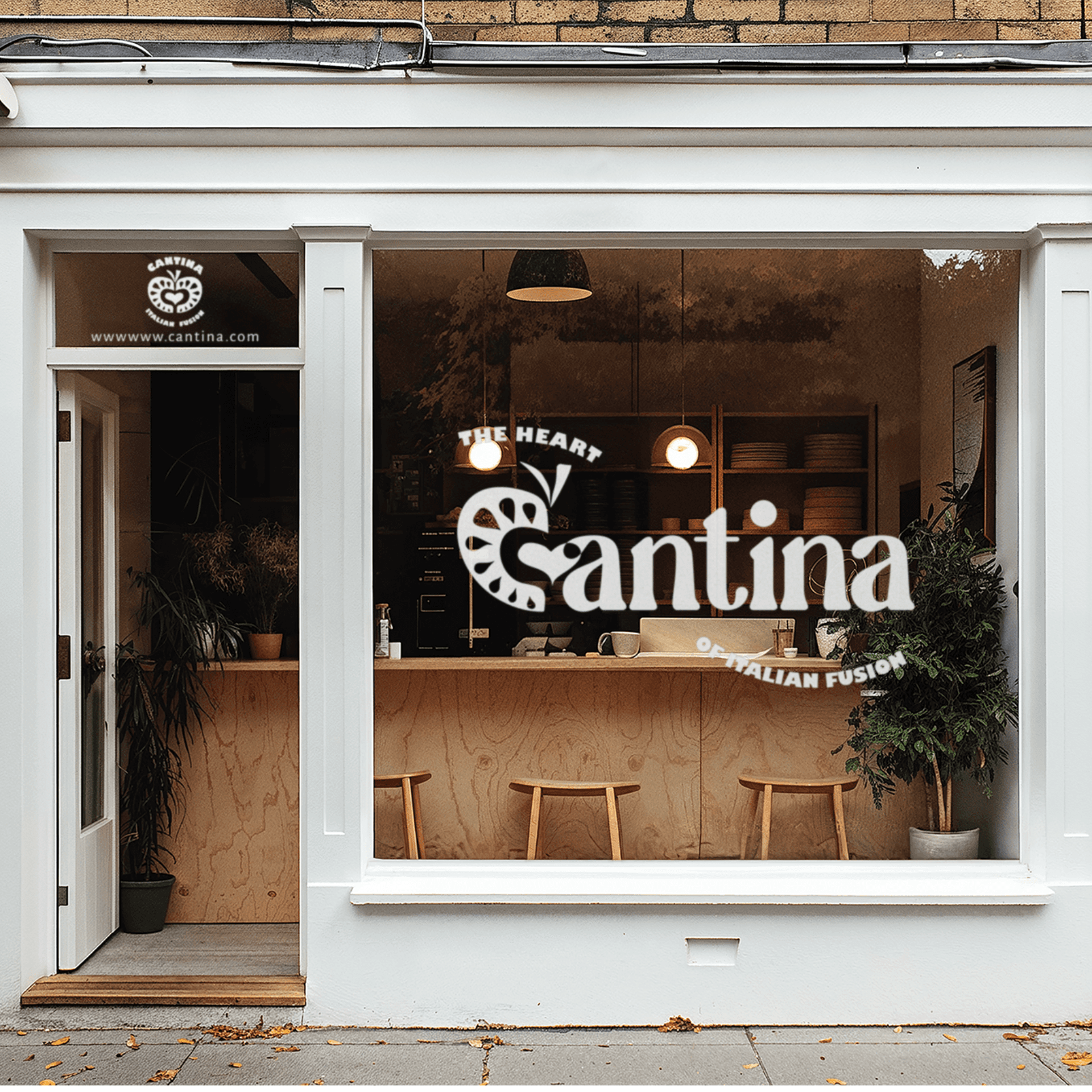 Cantina restaurant logo signage on a glass door.
