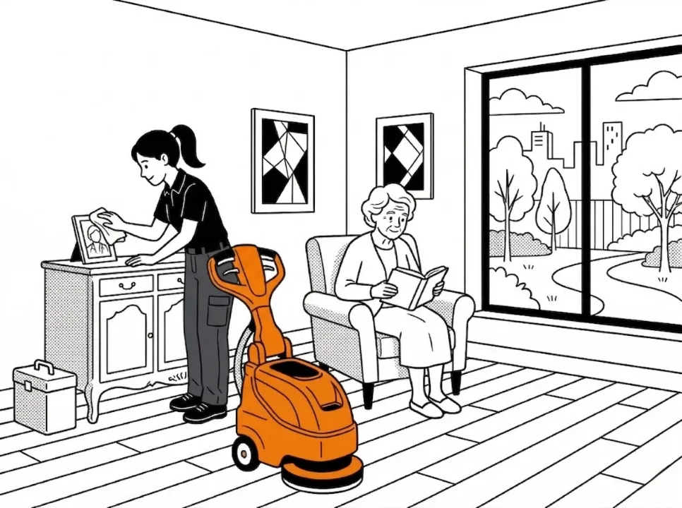 Illustration d'une aide ménagère Widy's nettoyant un salon près d'une aînée lisant, avec une autolaveuse orange au premier plan.