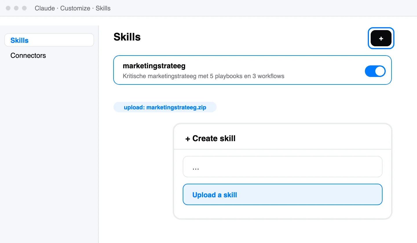 Schematische weergave: Customize > Skills met de knop + en de keuze Upload a skill.