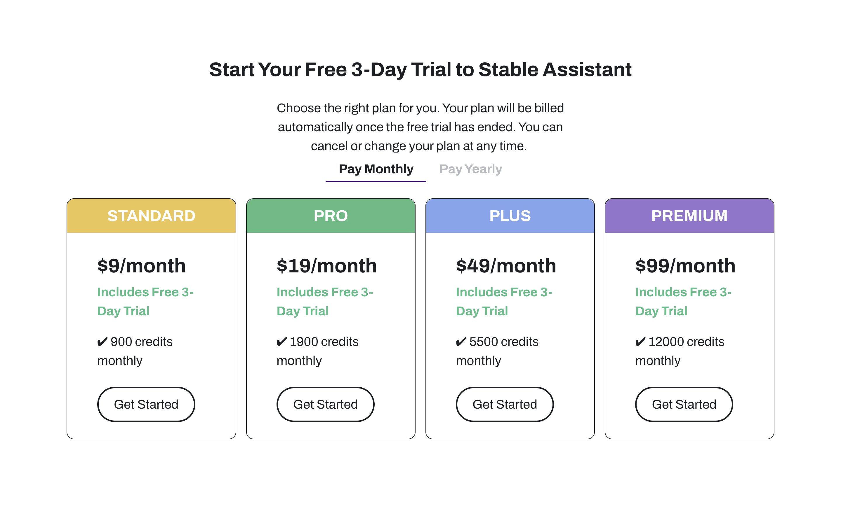 Screenshot van prijzen en abonnementen van Stable Assistant