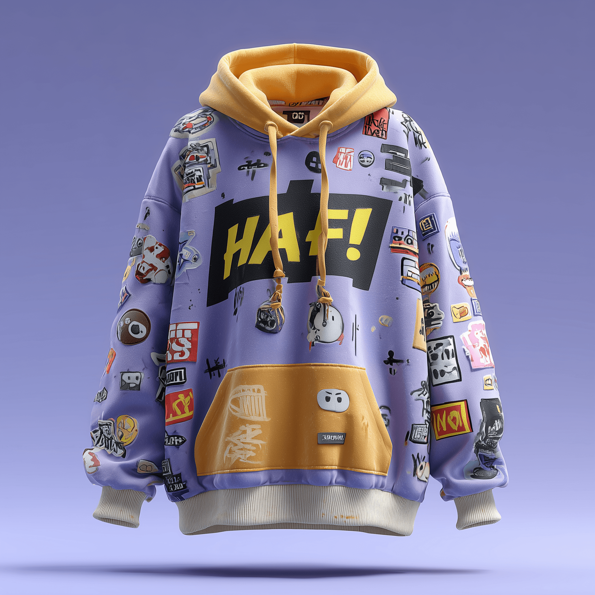 A 3D-rendered oversized purple hoodie covered in colorful graphic patches, with yellow accents and a bold black-and-yellow front design on a soft purple background.