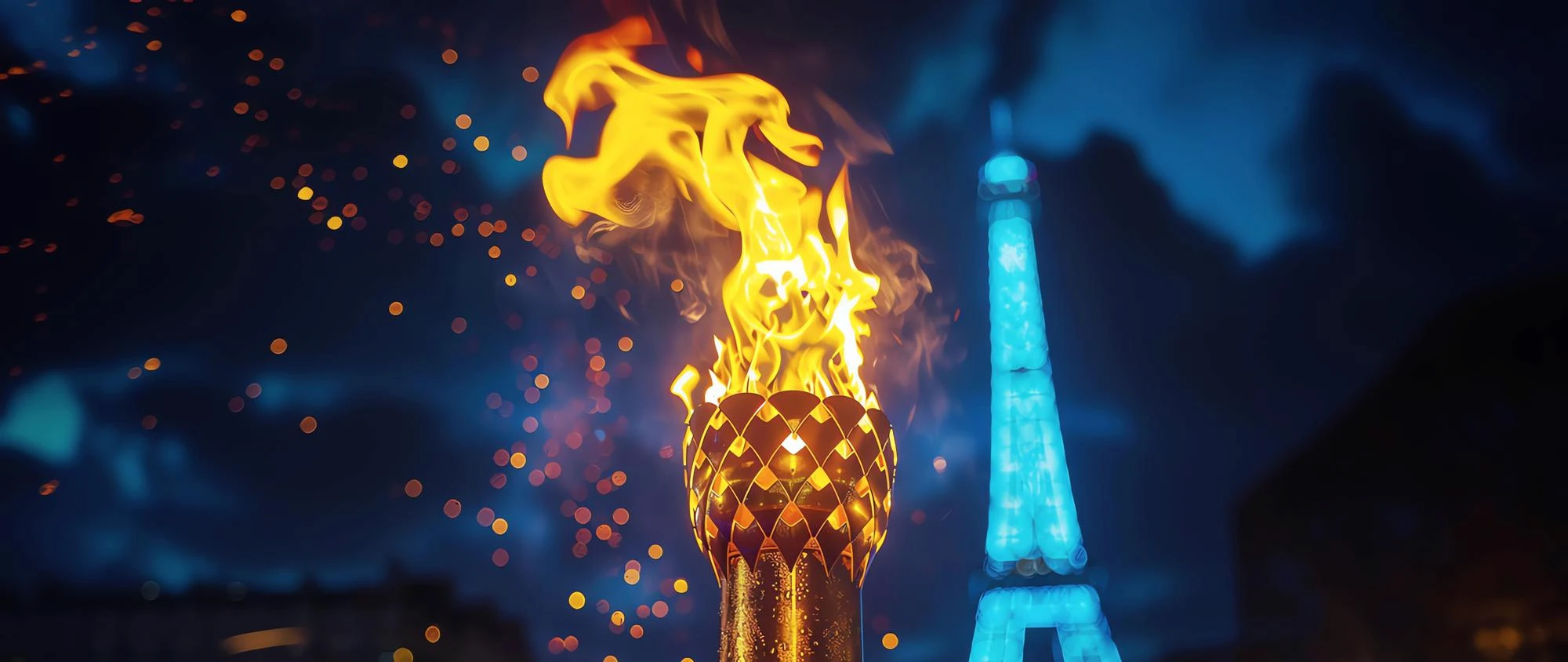 The Eiffel Tower and the burning Olympic torch