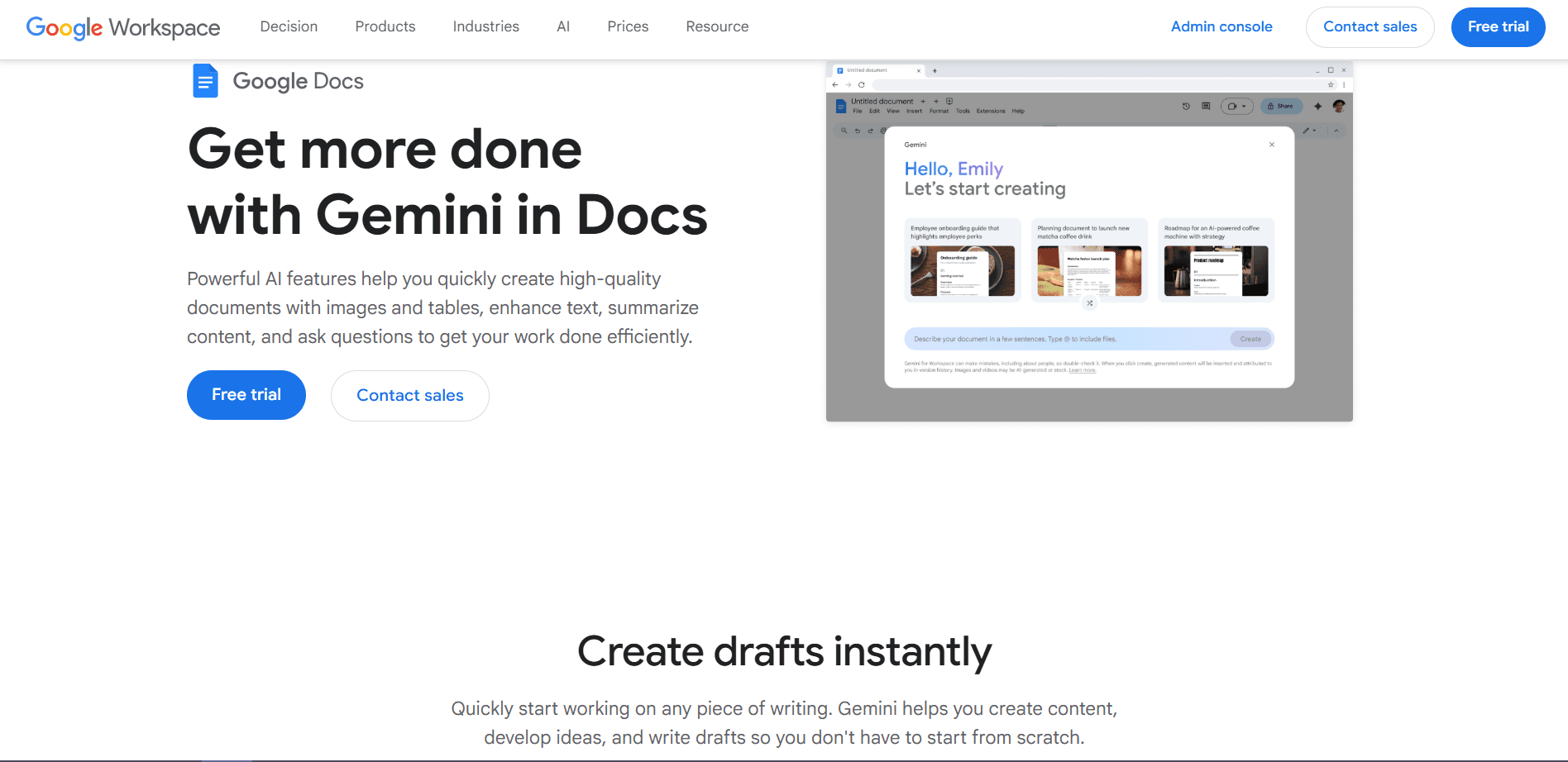 Google Workspace page for Google Docs featuring the headline “Get more done with Gemini in Docs,” with free trial and contact sales buttons plus a Gemini writing assistant preview.