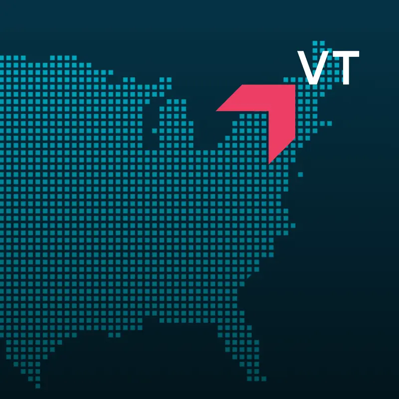 Map highlighting Vermont with a red arrow, representing GIA Group, LLC truck insurance coverage area.