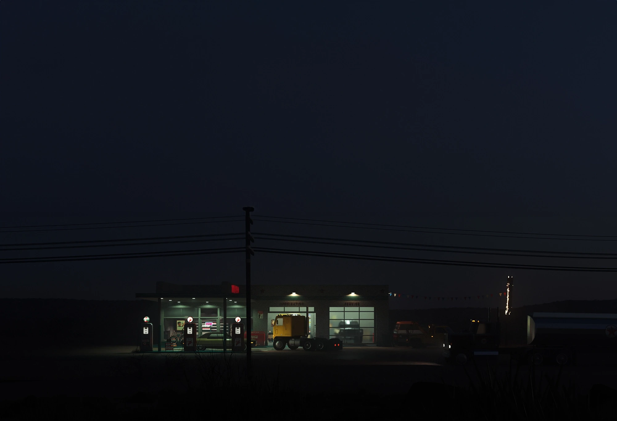 Nach Feierabend: Texaco-Tankstelle bei Nacht, freie 3D-Arbeit von Vale Florea