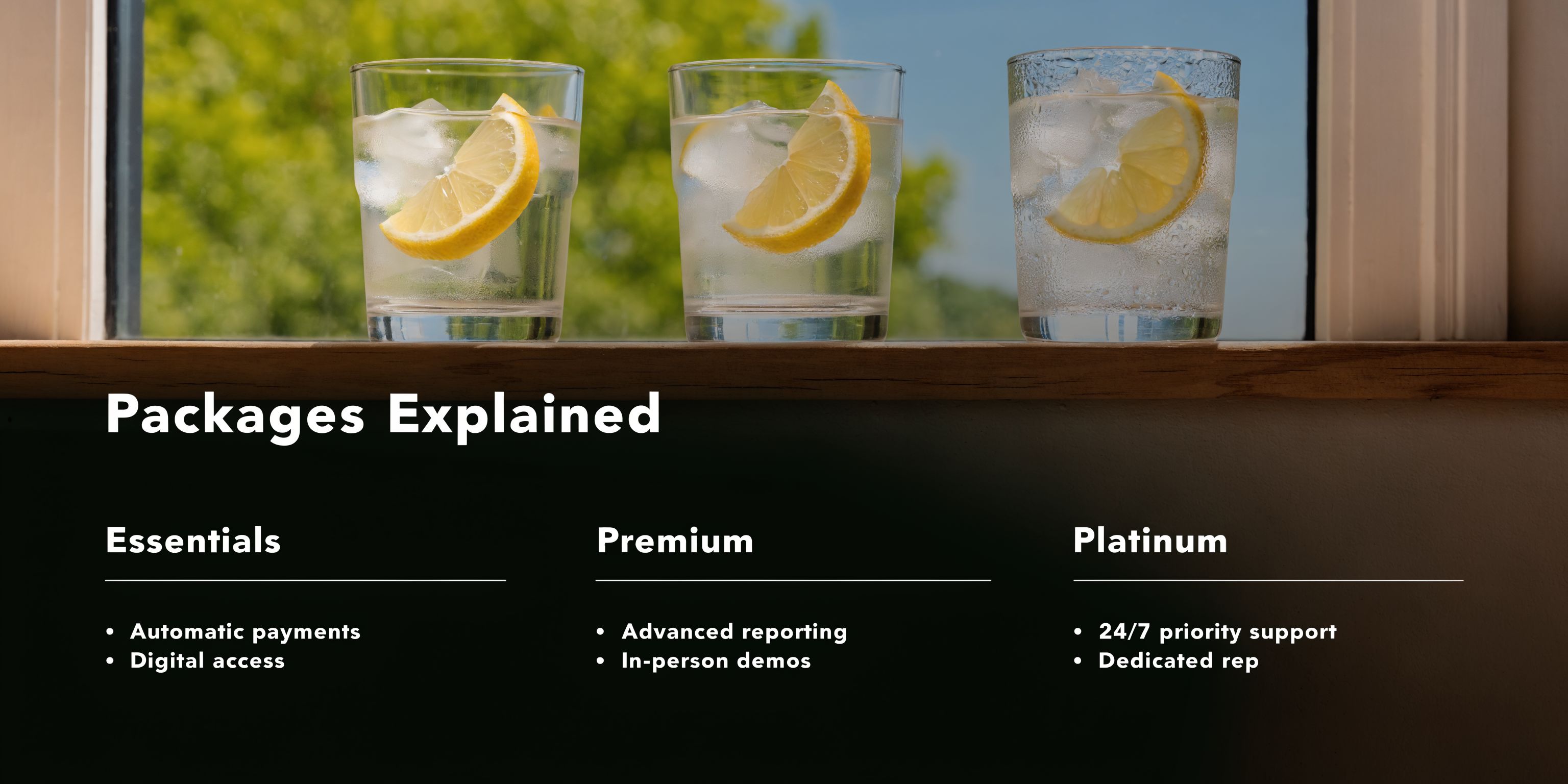 Three glasses of water with lemon slices on a window sill above a pricing package comparison chart.
