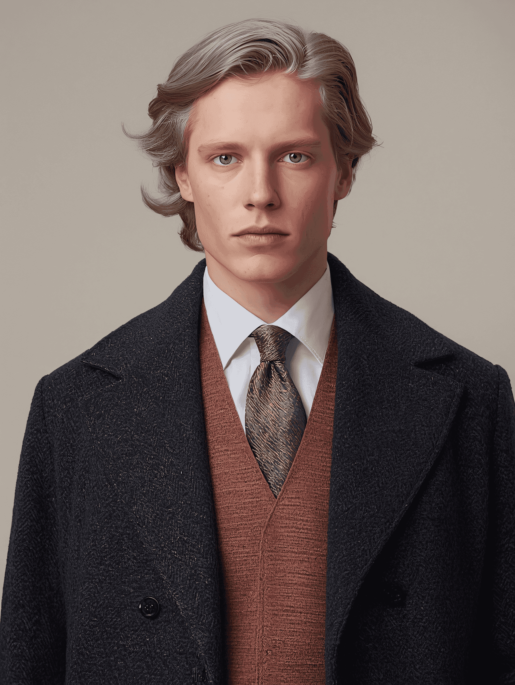 A serious-looking person with medium-length wavy hair, wearing a black coat over a brown sweater and tie, exudes a classic, sophisticated style.