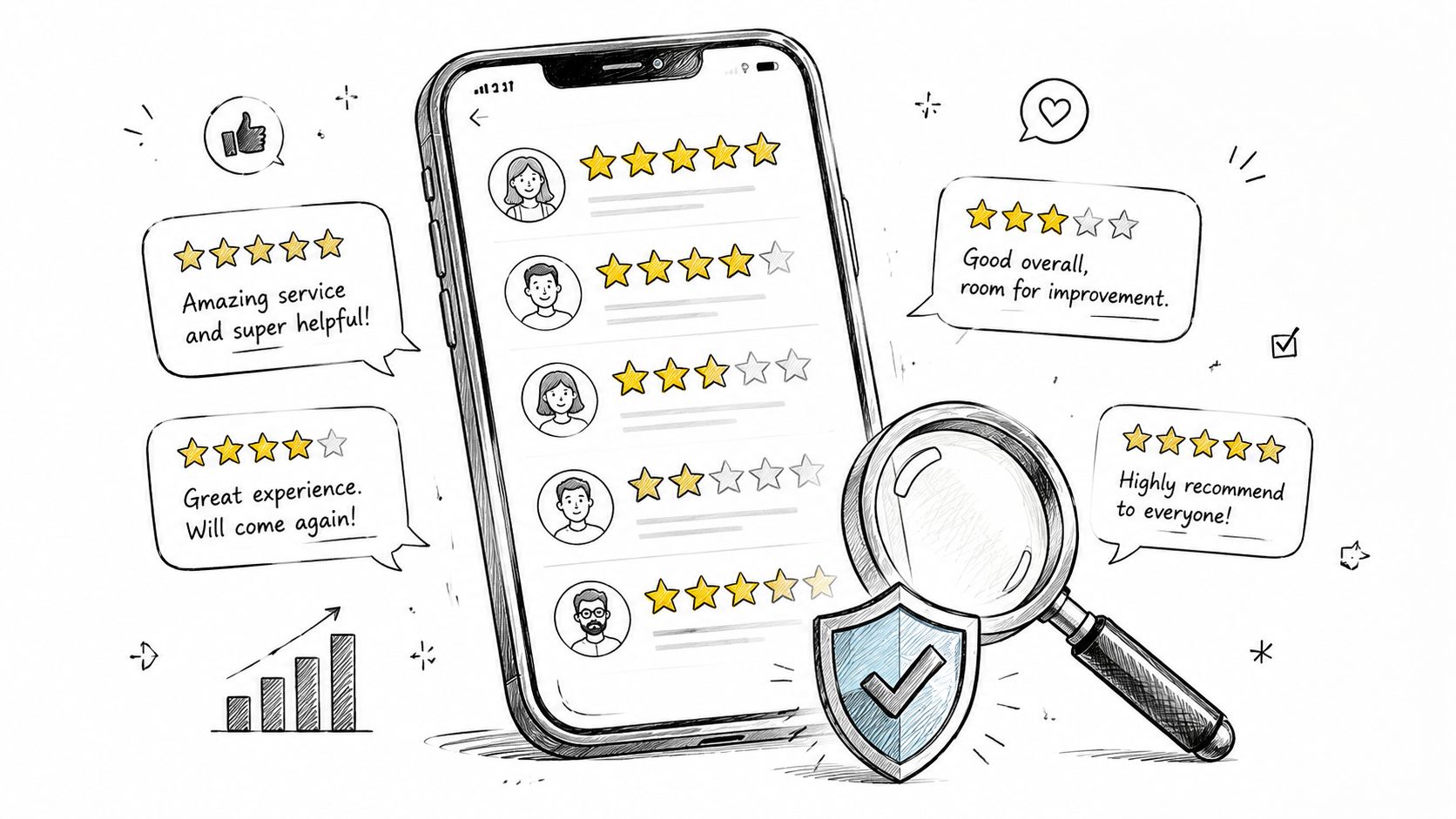 A hand-drawn illustration featuring a smartphone displaying customer reviews, a magnifying glass, and a verification shield icon.